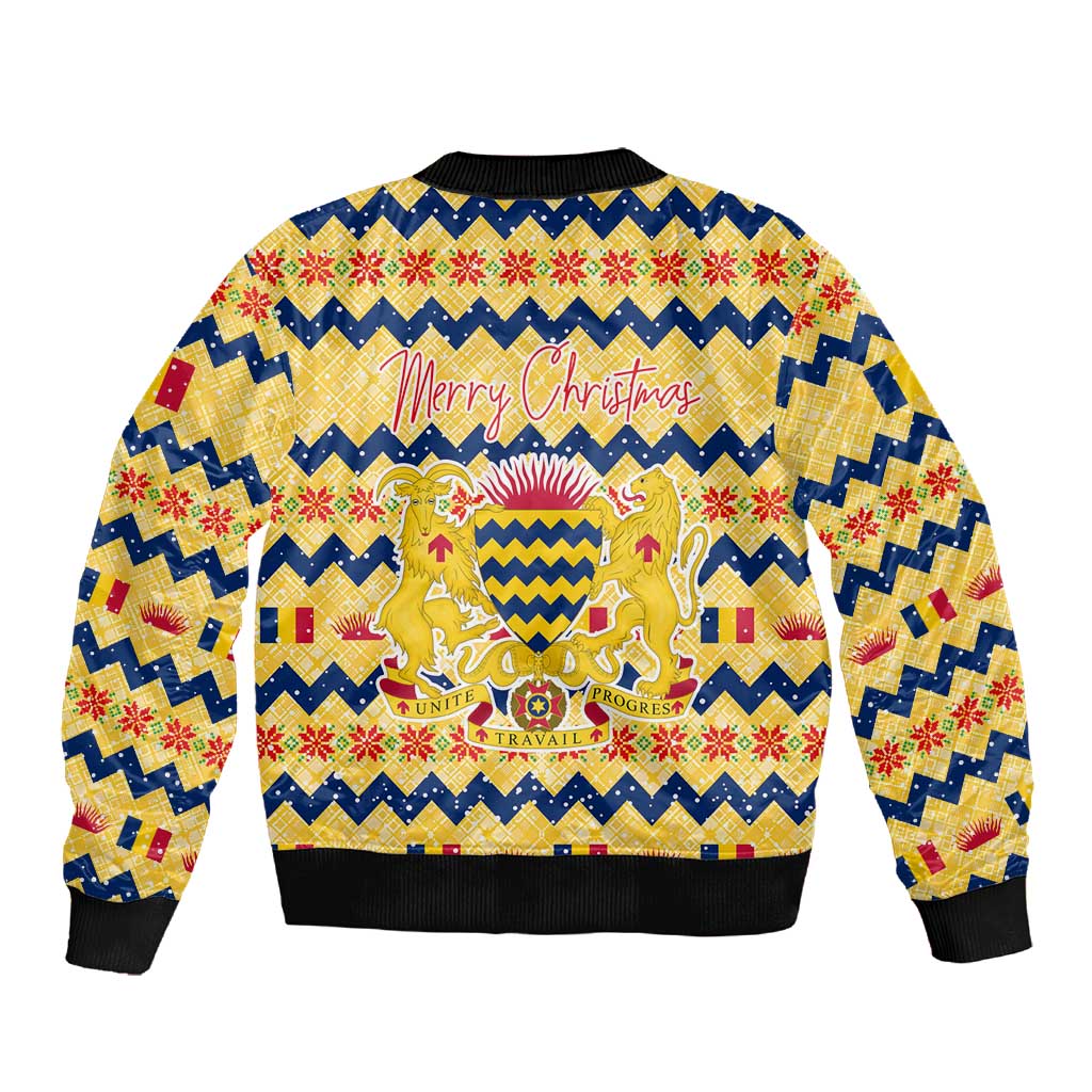 Chad Christmas Sleeve Zip Bomber Jacket National Coat of Arms, and Festive Motif - African Pride