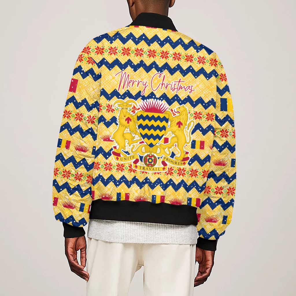 Chad Christmas Sleeve Zip Bomber Jacket National Coat of Arms, and Festive Motif - African Pride