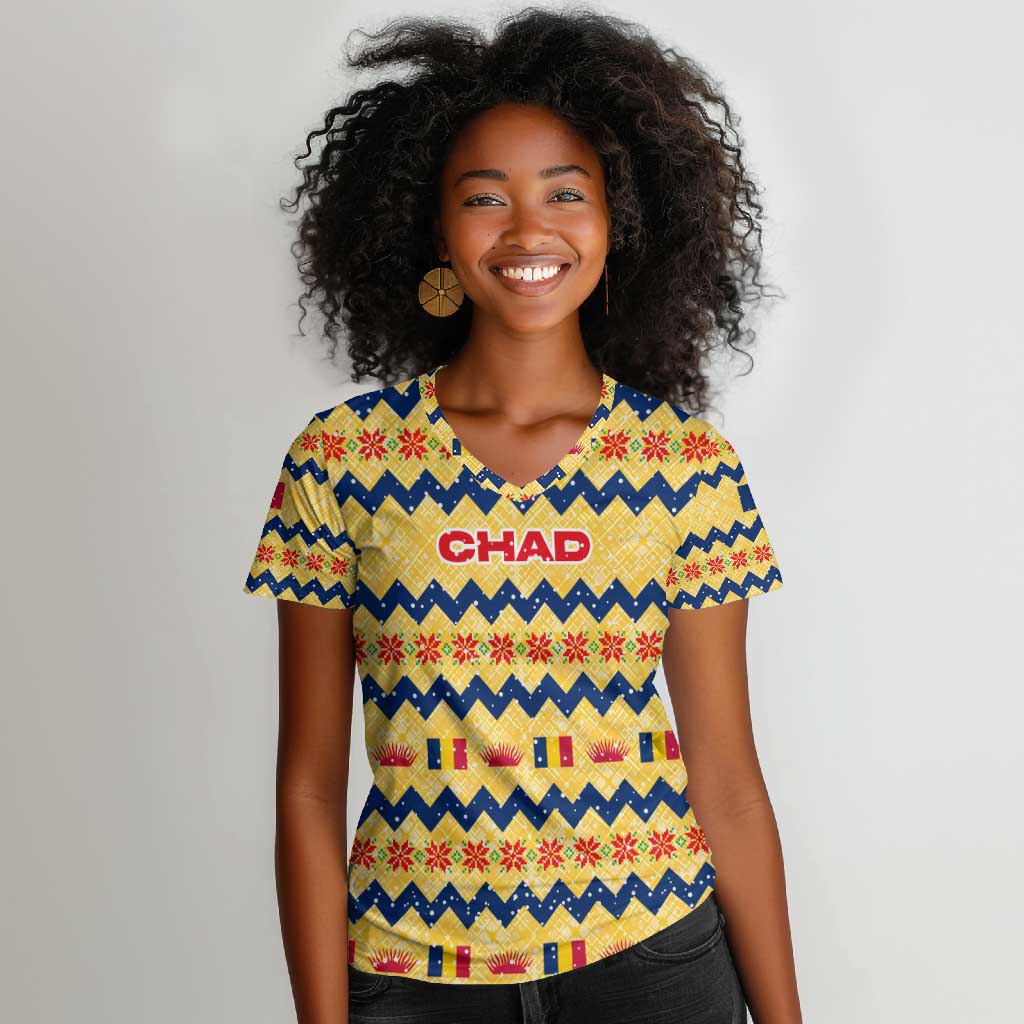 Chad Christmas Women V-Neck T-Shirt National Coat of Arms, and Festive Motif - African Pride