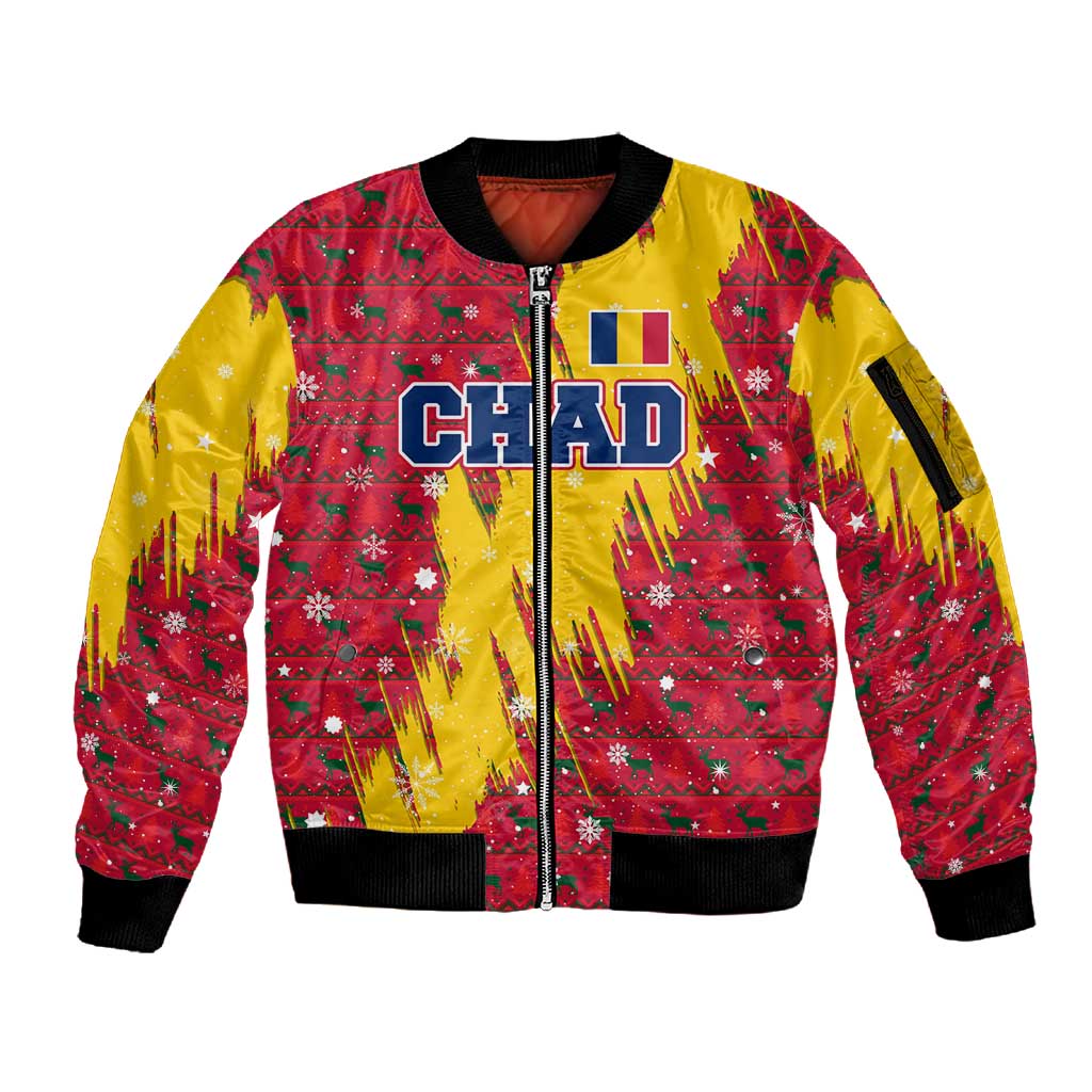 Chad Christmas Sleeve Zip Bomber Jacket National Coat of Arms and Snowflake Accents - African Pride
