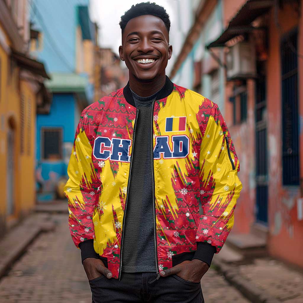 Chad Christmas Sleeve Zip Bomber Jacket National Coat of Arms and Snowflake Accents - African Pride