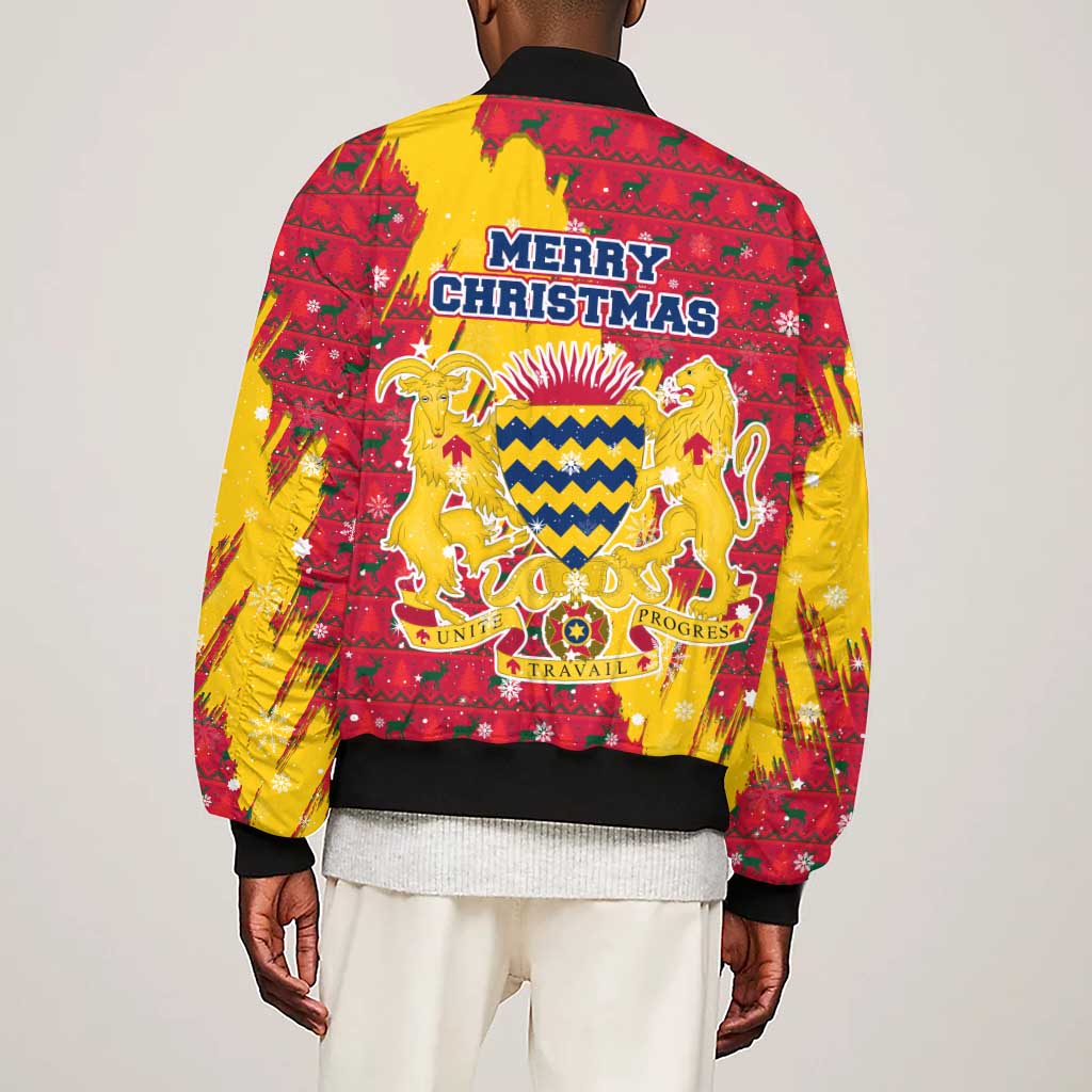 Chad Christmas Sleeve Zip Bomber Jacket National Coat of Arms and Snowflake Accents - African Pride