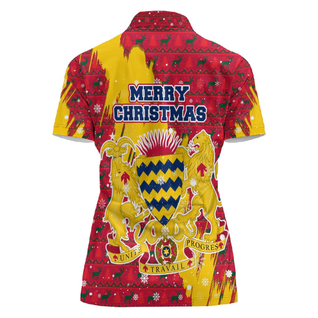 Chad Christmas Women Polo Shirt National Coat of Arms and Snowflake Accents - African Pride