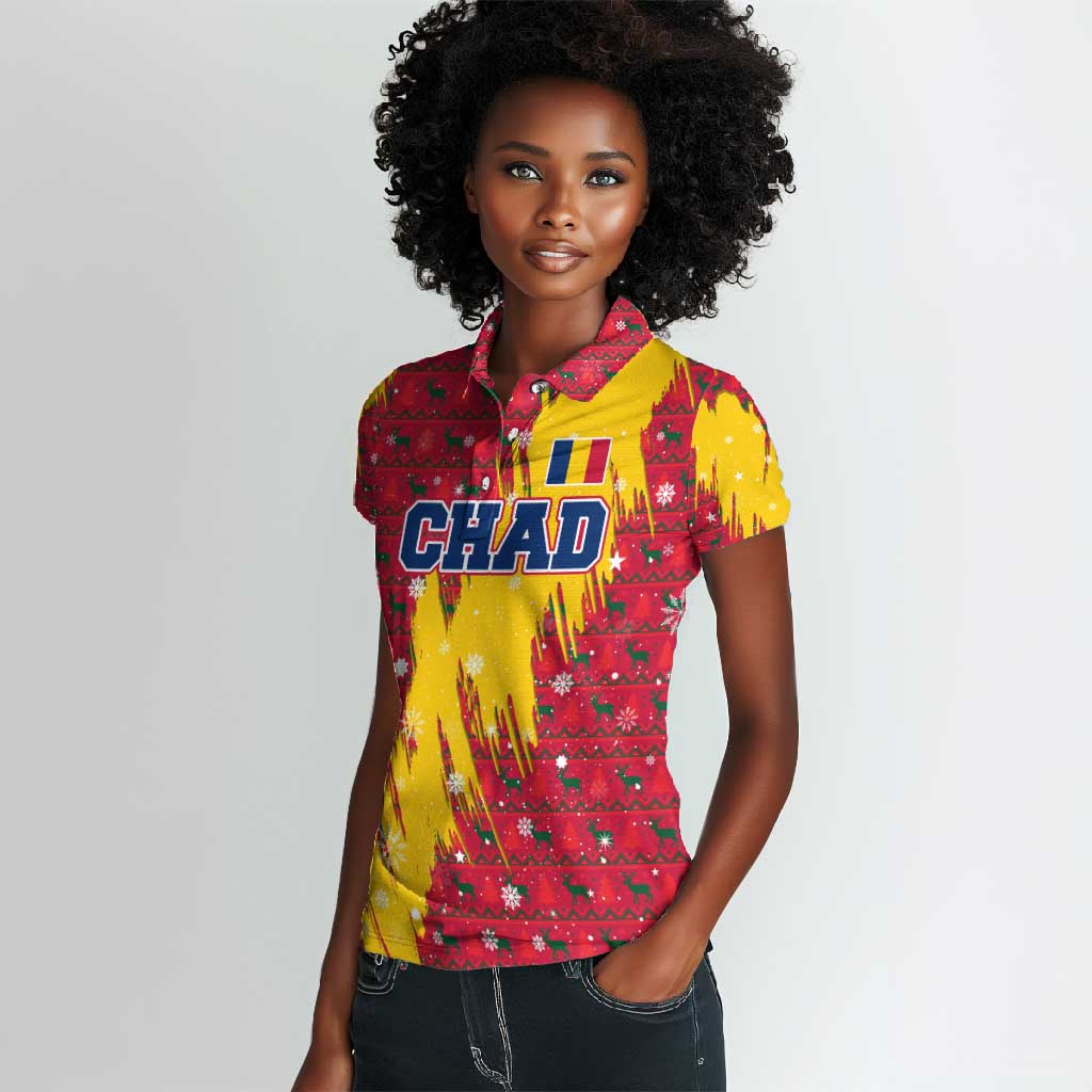 Chad Christmas Women Polo Shirt National Coat of Arms and Snowflake Accents - African Pride