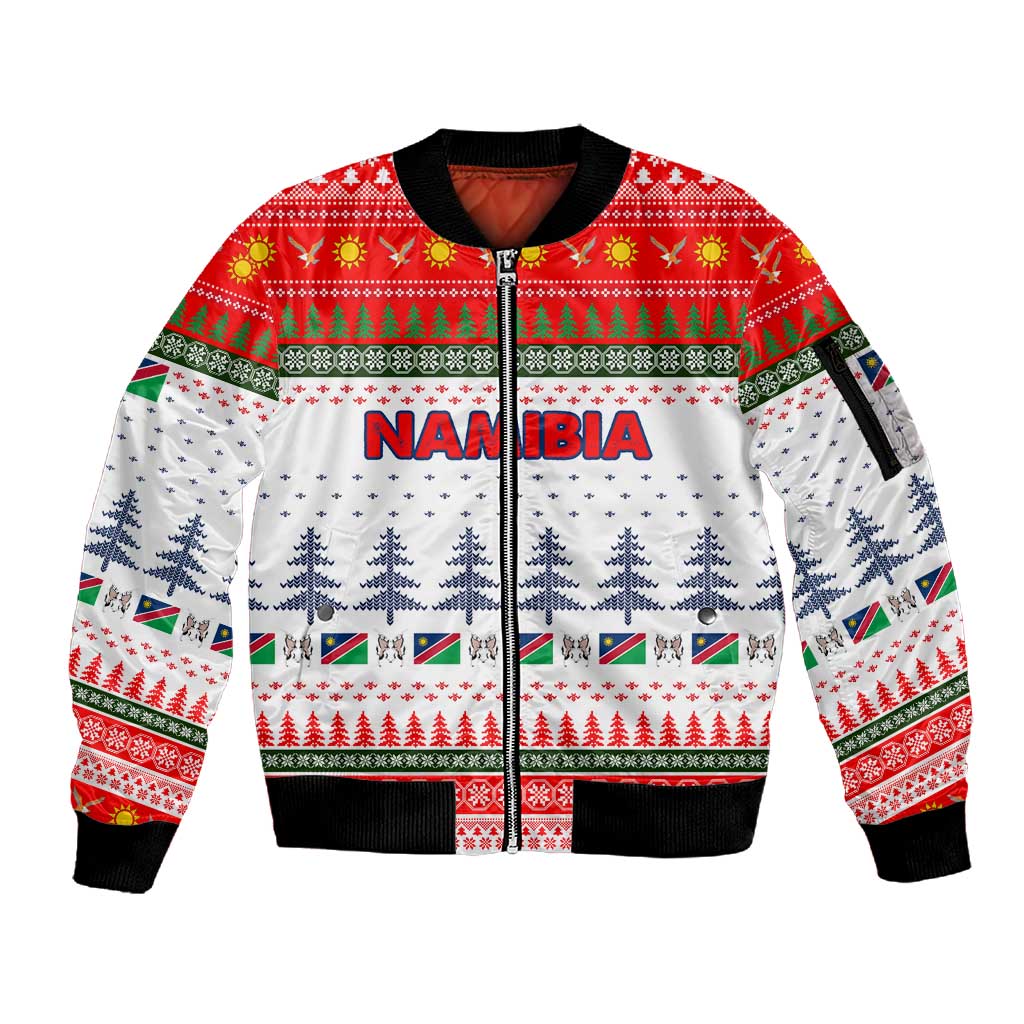 Namibia Christmas Sleeve Zip Bomber Jacket Coat of Arm National Flag Motif - African Pride