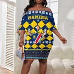 Namibia Christmas Off Shoulder Short Dress Coat of Arms and Flag Map Motif - African Pride