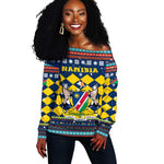 Namibia Christmas Off Shoulder Sweater Coat of Arms and Flag Map Motif - African Pride