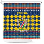 Namibia Christmas Shower Curtain Coat of Arms and Flag Map Motif - African Pride
