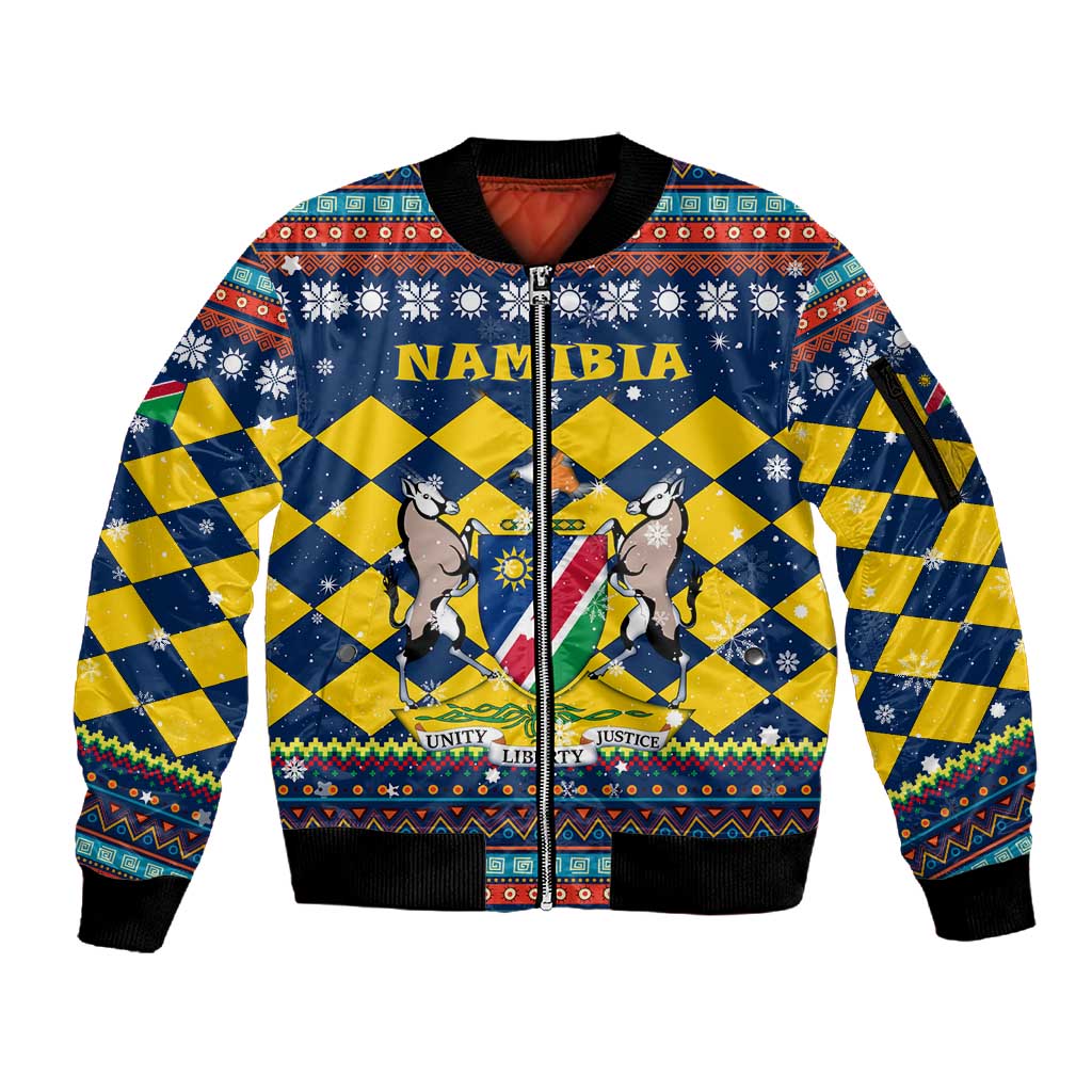 Namibia Christmas Sleeve Zip Bomber Jacket Coat of Arms and Flag Map Motif - African Pride