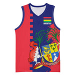 Afro Mauritius Basketball Jersey Map Design with Flag Coat of Arms TS04