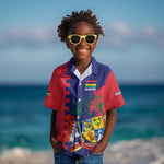 Afro Mauritius Kid Hawaiian Shirt Map Design with Flag Coat of Arms