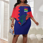 Afro Mauritius Off Shoulder Short Dress Map Design with Flag Coat of Arms