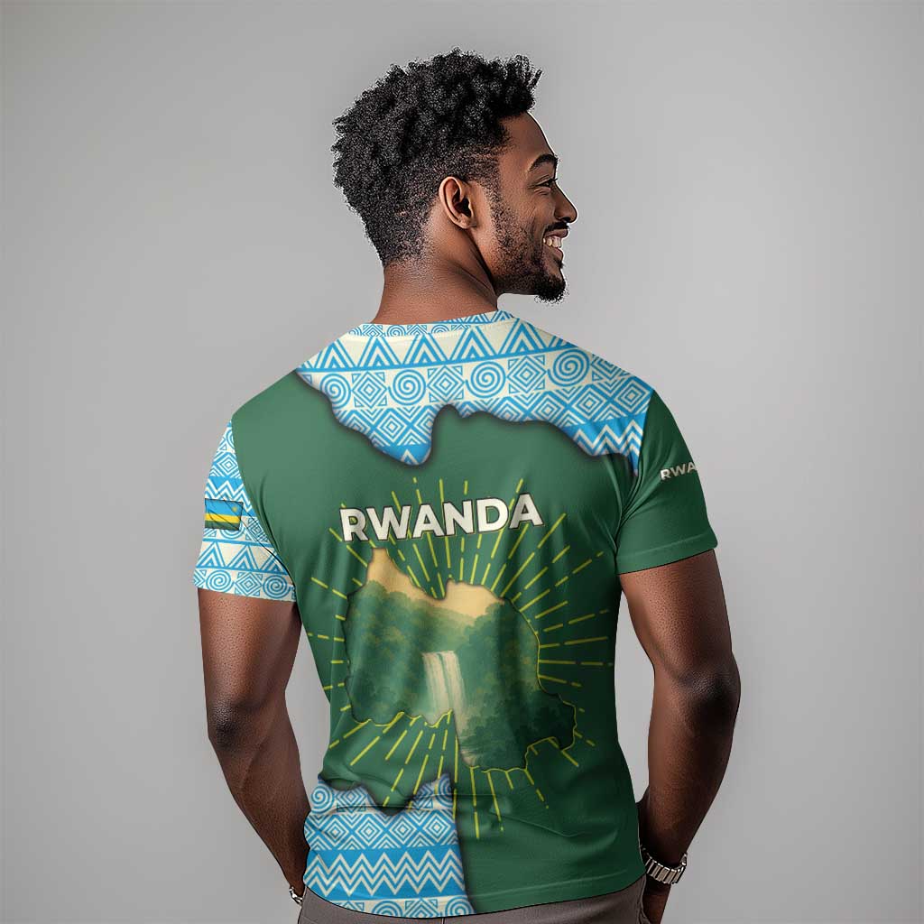 Rwanda T shirt with Green Nature Map Waterfall Sunburst Spirit