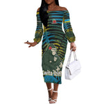 Rwanda Off The Shoulder Long Sleeve Dress with Gorilla Family Kwita Izina Leaf Jungle Spirit