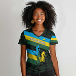 Rwanda Women V-Neck T-Shirt with Tour du Rwanda Cycling Race Flag Stripe Spirit