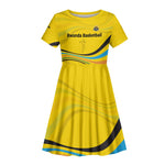 Rwanda Kid Short Sleeve Dress with Basketball League Court Hoop Yellow Wave Spirit