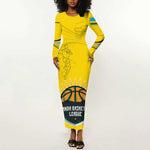Rwanda Long Sleeve Bodycon Dress with Basketball League Court Hoop Yellow Wave Spirit