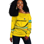 Rwanda Off Shoulder Sweater with Basketball League Court Hoop Yellow Wave Spirit