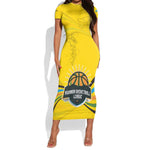 Rwanda Short Sleeve Bodycon Dress with Basketball League Court Hoop Yellow Wave Spirit