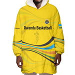 Rwanda Wearable Blanket Hoodie with Basketball League Court Hoop Yellow Wave Spirit