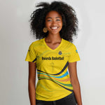 Rwanda Women V-Neck T-Shirt with Basketball League Court Hoop Yellow Wave Spirit