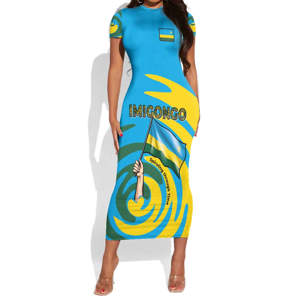 Rwanda Short Sleeve Bodycon Dress with Imigongo Spiraling Flag Hand Wave Time Spirit