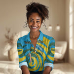 Rwanda Women Casual Shirt with Imigongo Spiraling Flag Hand Wave Time Spirit