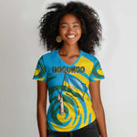 Rwanda Women V-Neck T-Shirt with Imigongo Spiraling Flag Hand Wave Time Spirit