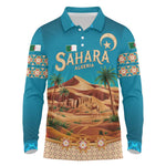 Sahara Algeria Long Sleeve Polo Shirt with Desert Camel Landscape and Islamic Motif Design