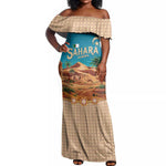 Sahara Algeria Off Shoulder Maxi Dress with Desert Camel Landscape and Islamic Motif Design