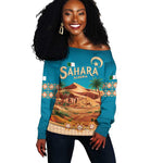 Sahara Algeria Off Shoulder Sweater with Desert Camel Landscape and Islamic Motif Design