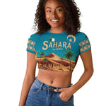 Sahara Algeria Raglan Cropped T shirt with Desert Camel Landscape and Islamic Motif Design
