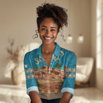 Sahara Algeria Women Casual Shirt with Desert Camel Landscape and Islamic Motif Design