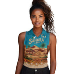 Sahara Algeria Women Sleeveless Polo Shirt with Desert Camel Landscape and Islamic Motif Design