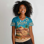 Sahara Algeria Women V-Neck T-Shirt with Desert Camel Landscape and Islamic Motif Design