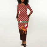 Morocco Christmas Long Sleeve Bodycon Dress Santa Claus Camel Caravan Desert Scene - African Pride