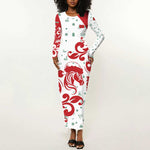 Morocco Christmas Long Sleeve Bodycon Dress Red Horse Santa Hat Arabesque Pattern a - African Pride
