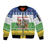 Central African Republic Christmas Sleeve Zip Bomber Jacket Santa and Safari Animals Baobab Trees Snowflakes - African Pride