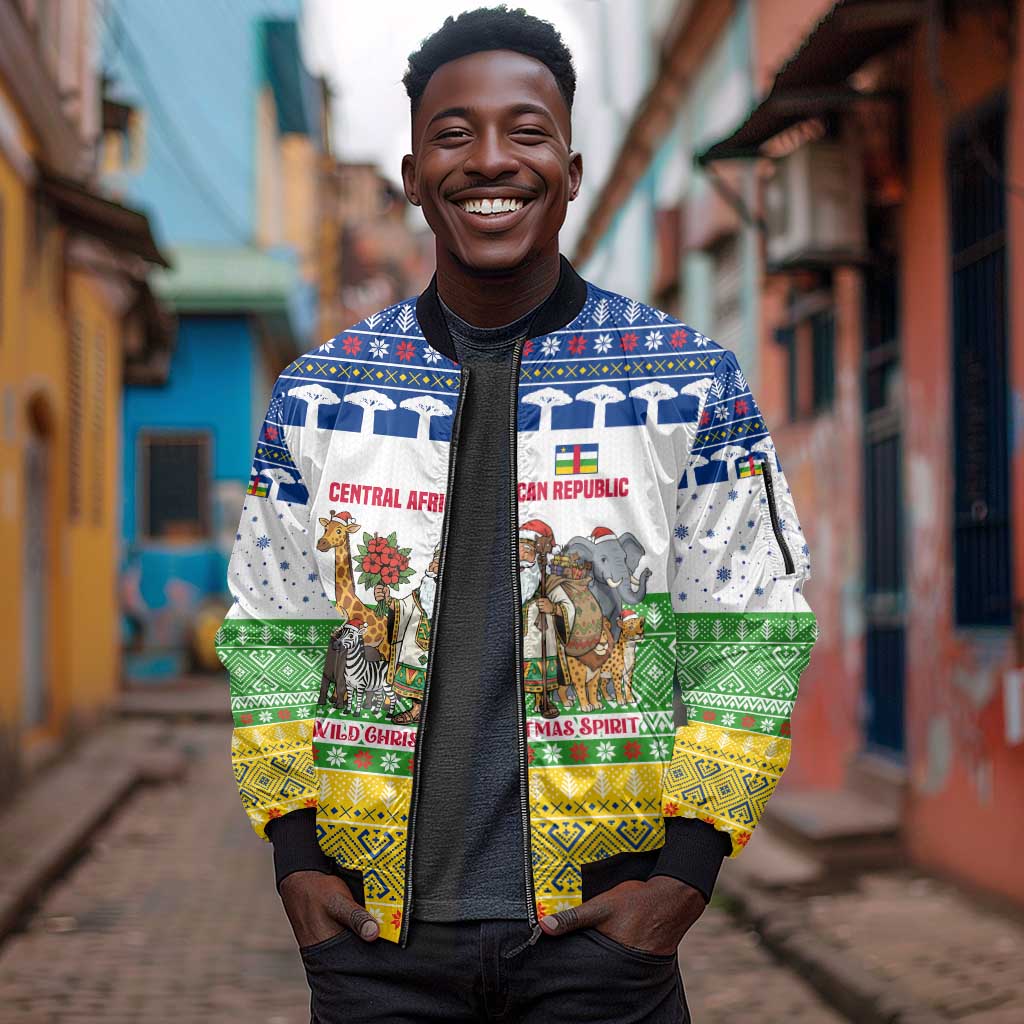 Central African Republic Christmas Sleeve Zip Bomber Jacket Santa and Safari Animals Baobab Trees Snowflakes - African Pride