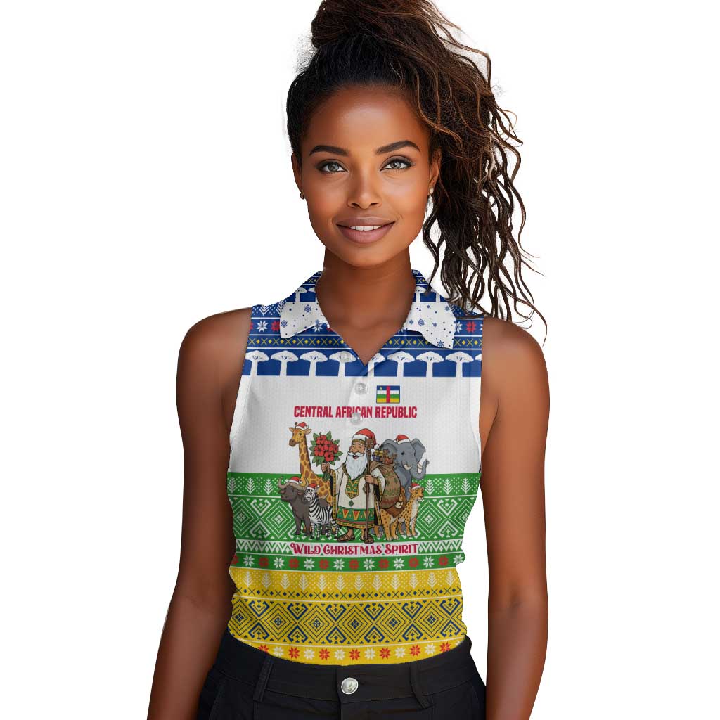 Central African Republic Christmas Women Sleeveless Polo Shirt Santa and Safari Animals Baobab Trees Snowflakes - African Pride