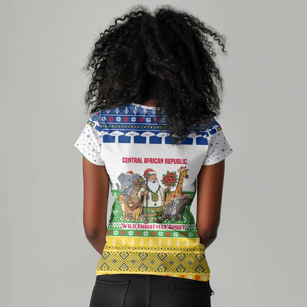 Central African Republic Christmas Women V-Neck T-Shirt Santa and Safari Animals Baobab Trees Snowflakes - African Pride
