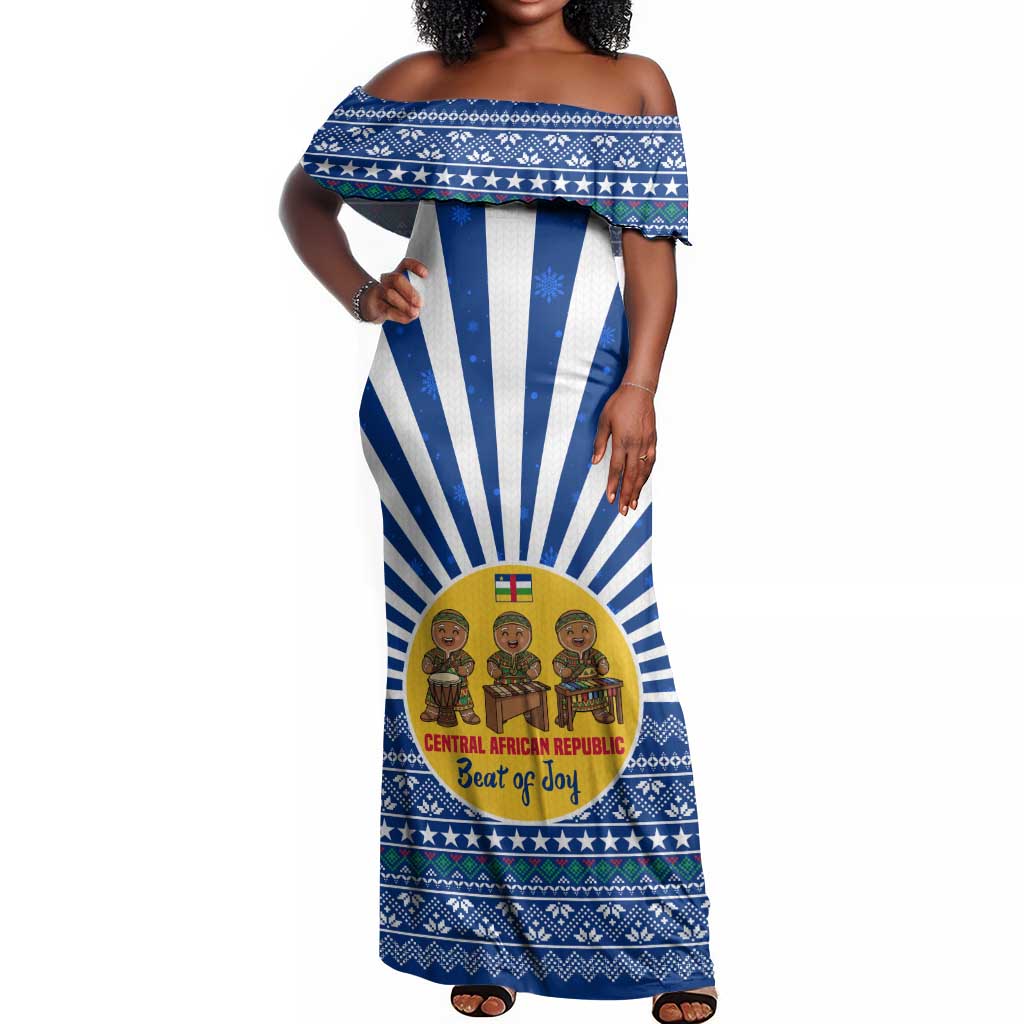 Central African Republic Christmas Off Shoulder Maxi Dress Drumming Beat of Joy Tribal Pattern and Snowflakes - African Pride