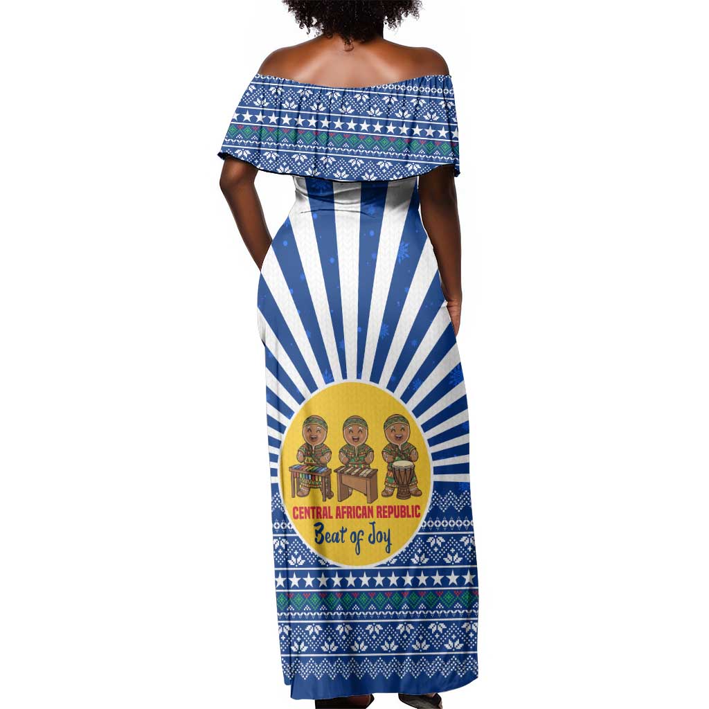 Central African Republic Christmas Off Shoulder Maxi Dress Drumming Beat of Joy Tribal Pattern and Snowflakes - African Pride