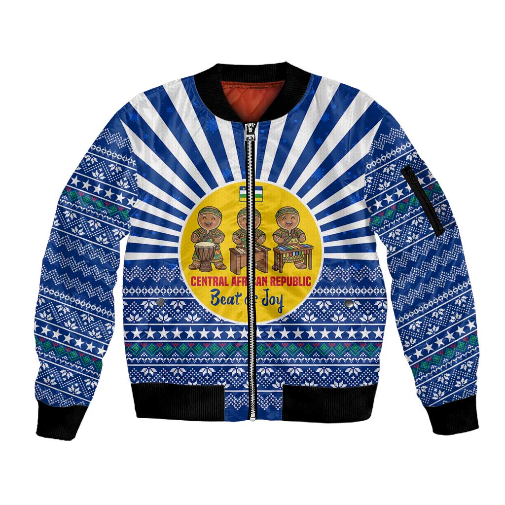 Central African Republic Christmas Sleeve Zip Bomber Jacket Drumming Beat of Joy Tribal Pattern and Snowflakes - African Pride