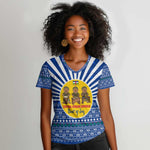 Central African Republic Christmas Women V-Neck T-Shirt Drumming Beat of Joy Tribal Pattern and Snowflakes - African Pride