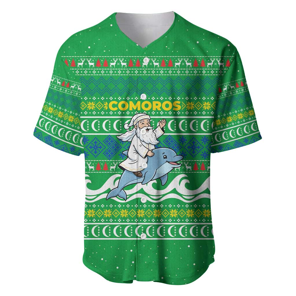 Comoros Christmas Baseball Jersey Santa Riding Dolphin Ocean Waves Crescent Moon - African Pride