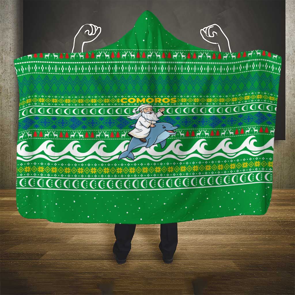 Comoros Christmas Hooded Blanket Santa Riding Dolphin Ocean Waves Crescent Moon - African Pride