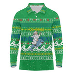 Comoros Christmas Long Sleeve Polo Shirt Santa Riding Dolphin Ocean Waves Crescent Moon - African Pride