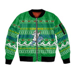 Comoros Christmas Sleeve Zip Bomber Jacket Santa Riding Dolphin Ocean Waves Crescent Moon - African Pride