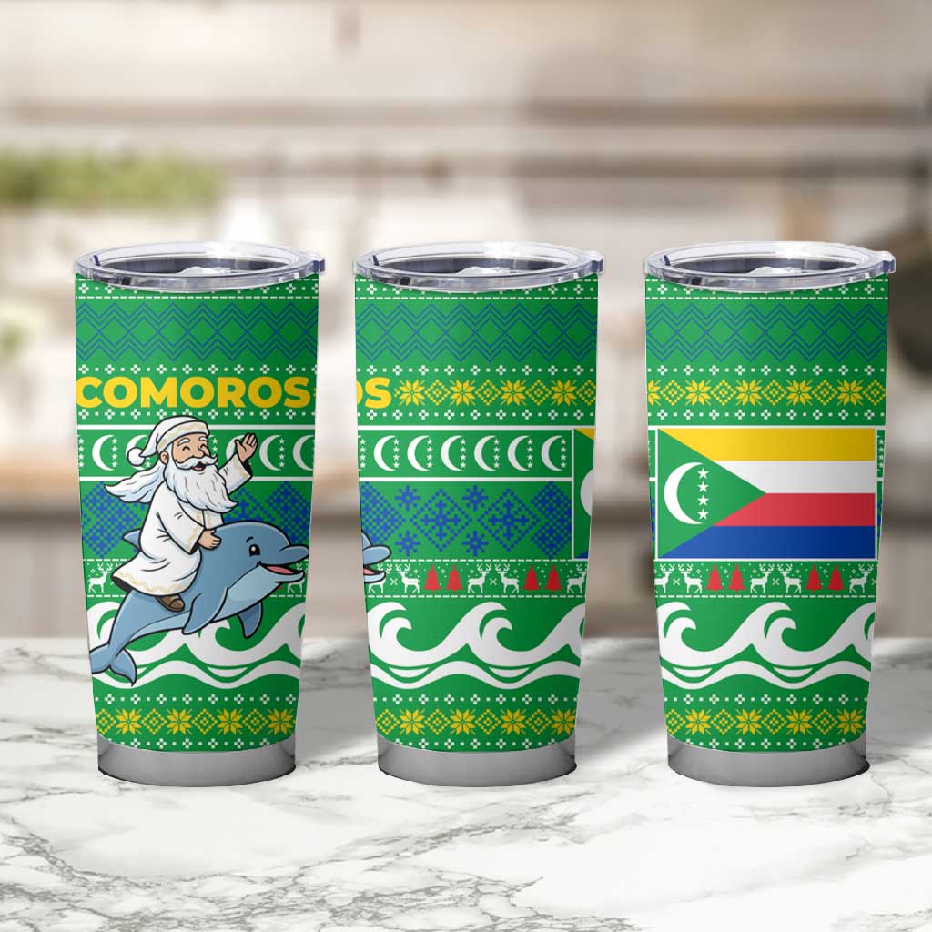Comoros Christmas Tumbler Cup Santa Riding Dolphin Ocean Waves Crescent Moon - African Pride